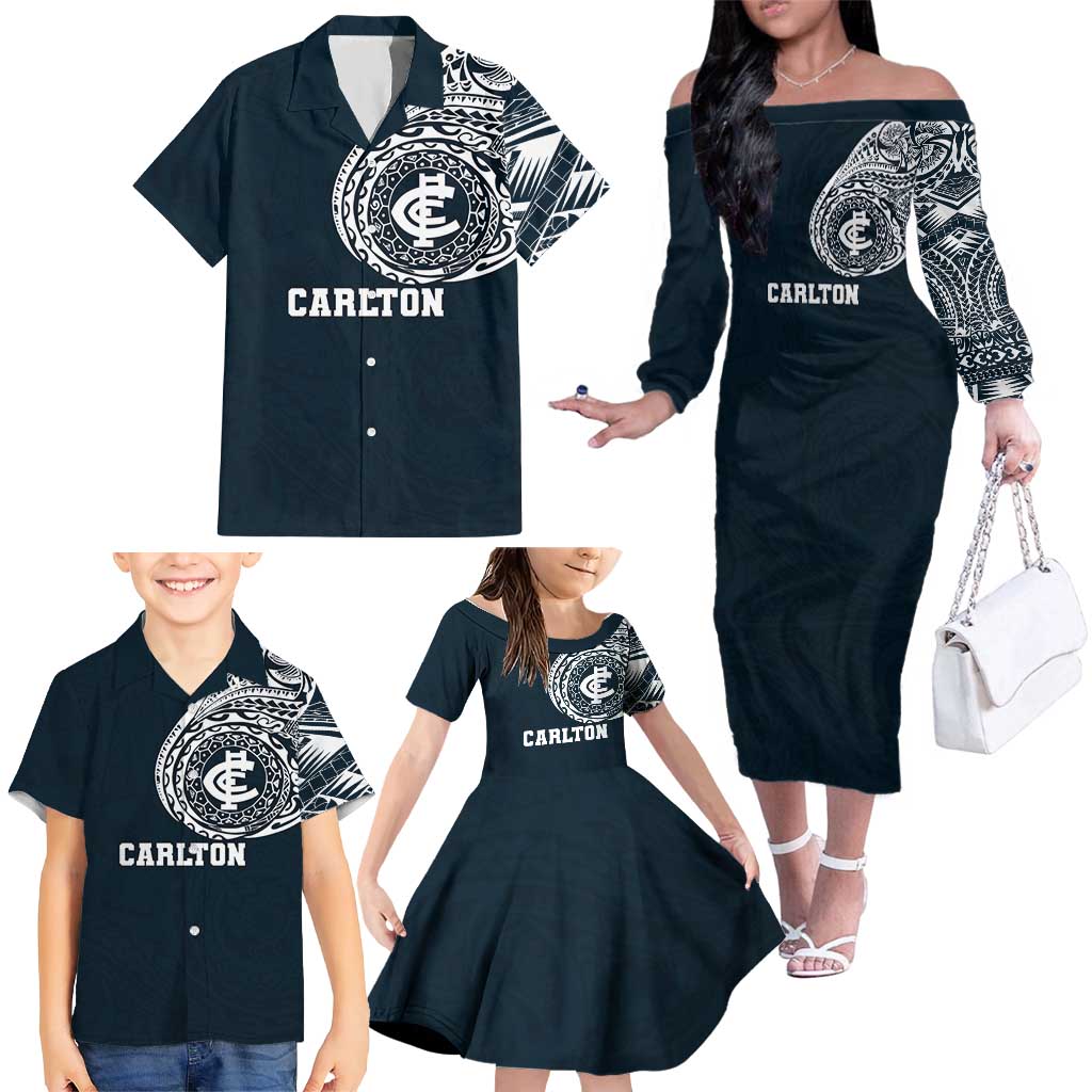 Personalized Carlton Blues Polynesian Family Matching Off The Shoulder Long Sleeve Dress and Hawaiian Shirt Tribal Chest and Sleeve Tattoo Heritage Warrior