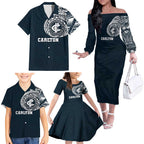 Personalized Carlton Blues Polynesian Family Matching Off The Shoulder Long Sleeve Dress and Hawaiian Shirt Tribal Chest and Sleeve Tattoo Heritage Warrior