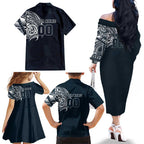 Personalized Carlton Blues Polynesian Family Matching Off The Shoulder Long Sleeve Dress and Hawaiian Shirt Tribal Chest and Sleeve Tattoo Heritage Warrior