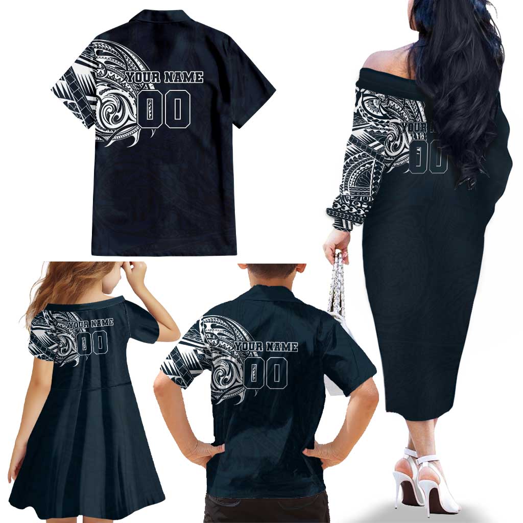 Personalized Carlton Blues Polynesian Family Matching Off The Shoulder Long Sleeve Dress and Hawaiian Shirt Tribal Chest and Sleeve Tattoo Heritage Warrior