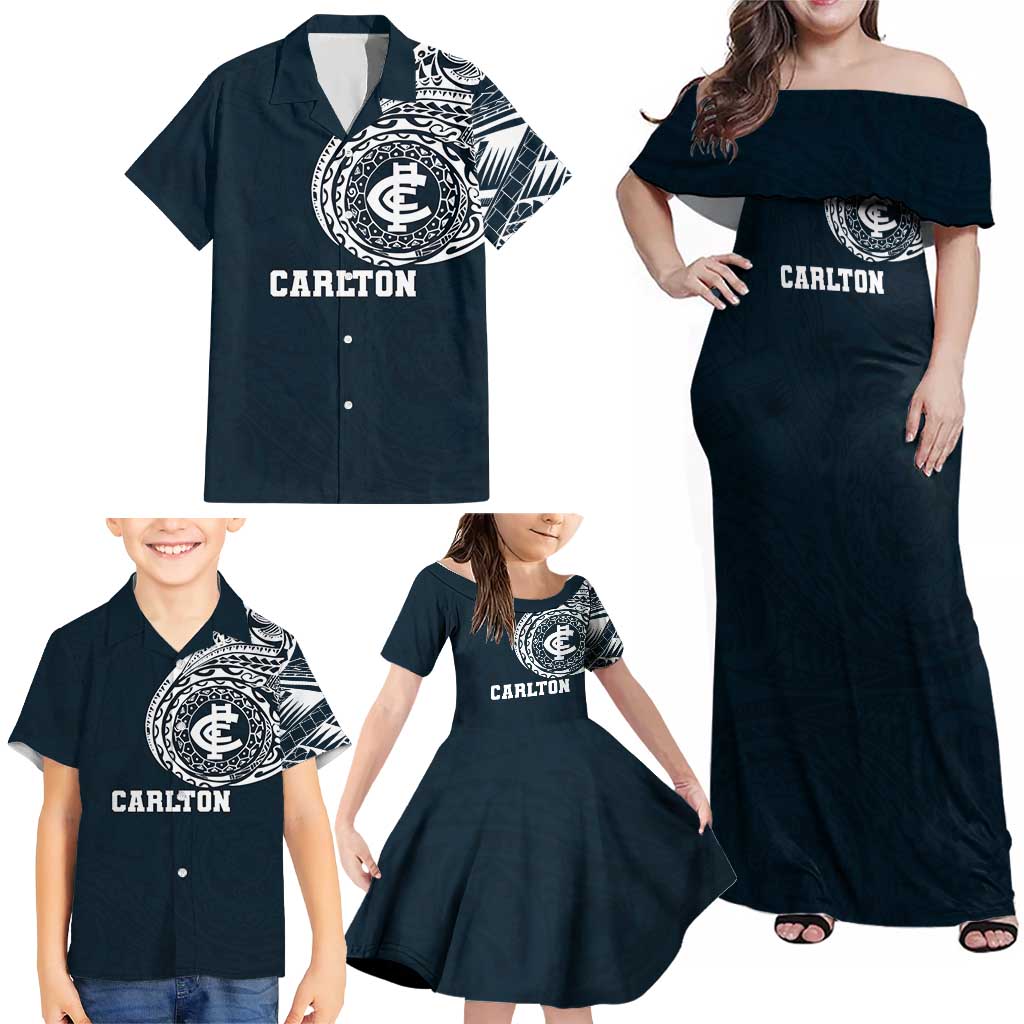 Personalized Carlton Blues Polynesian Family Matching Off Shoulder Maxi Dress and Hawaiian Shirt Tribal Chest and Sleeve Tattoo Heritage Warrior