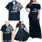 Personalized Carlton Blues Polynesian Family Matching Off Shoulder Maxi Dress and Hawaiian Shirt Tribal Chest and Sleeve Tattoo Heritage Warrior