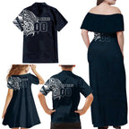 Personalized Carlton Blues Polynesian Family Matching Off Shoulder Maxi Dress and Hawaiian Shirt Tribal Chest and Sleeve Tattoo Heritage Warrior