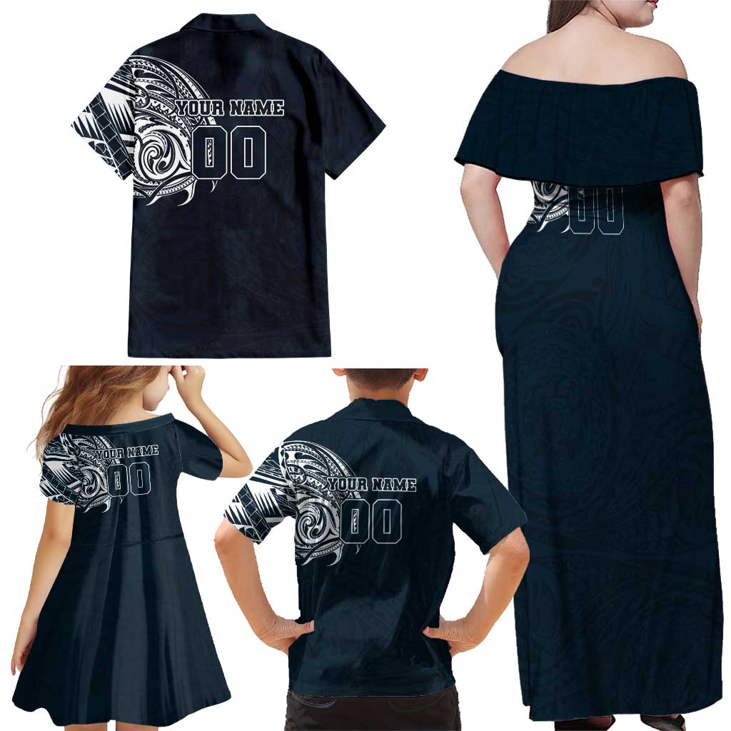 Personalized Carlton Blues Polynesian Family Matching Off Shoulder Maxi Dress and Hawaiian Shirt Tribal Chest and Sleeve Tattoo Heritage Warrior