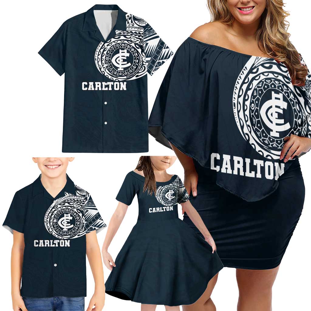 Personalized Carlton Blues Polynesian Family Matching Off Shoulder Short Dress and Hawaiian Shirt Tribal Chest and Sleeve Tattoo Heritage Warrior