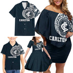 Personalized Carlton Blues Polynesian Family Matching Off Shoulder Short Dress and Hawaiian Shirt Tribal Chest and Sleeve Tattoo Heritage Warrior