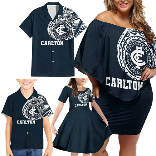 Personalized Carlton Blues Polynesian Family Matching Off Shoulder Short Dress and Hawaiian Shirt Tribal Chest and Sleeve Tattoo Heritage Warrior