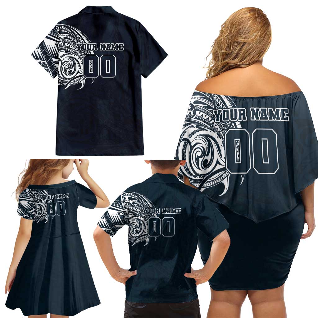 Personalized Carlton Blues Polynesian Family Matching Off Shoulder Short Dress and Hawaiian Shirt Tribal Chest and Sleeve Tattoo Heritage Warrior