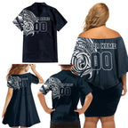 Personalized Carlton Blues Polynesian Family Matching Off Shoulder Short Dress and Hawaiian Shirt Tribal Chest and Sleeve Tattoo Heritage Warrior