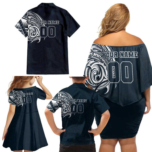 Personalized Carlton Blues Polynesian Family Matching Off Shoulder Short Dress and Hawaiian Shirt Tribal Chest and Sleeve Tattoo Heritage Warrior