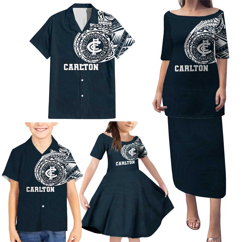 Personalized Carlton Blues Polynesian Family Matching Puletasi and Hawaiian Shirt Tribal Chest and Sleeve Tattoo Heritage Warrior