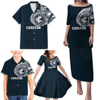 Personalized Carlton Blues Polynesian Family Matching Puletasi and Hawaiian Shirt Tribal Chest and Sleeve Tattoo Heritage Warrior