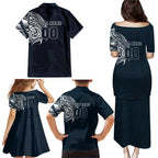 Personalized Carlton Blues Polynesian Family Matching Puletasi and Hawaiian Shirt Tribal Chest and Sleeve Tattoo Heritage Warrior