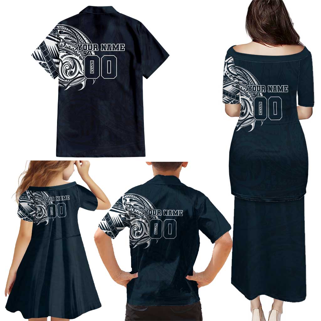 Personalized Carlton Blues Polynesian Family Matching Puletasi and Hawaiian Shirt Tribal Chest and Sleeve Tattoo Heritage Warrior