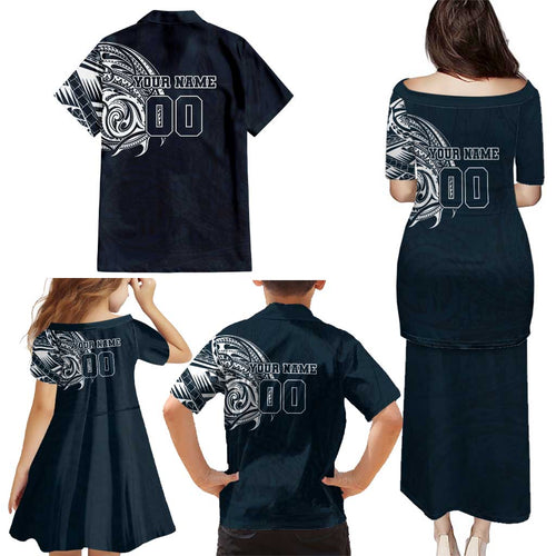 Personalized Carlton Blues Polynesian Family Matching Puletasi and Hawaiian Shirt Tribal Chest and Sleeve Tattoo Heritage Warrior