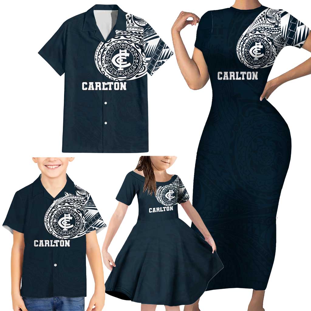 Personalized Carlton Blues Polynesian Family Matching Short Sleeve Bodycon Dress and Hawaiian Shirt Tribal Chest and Sleeve Tattoo Heritage Warrior