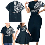 Personalized Carlton Blues Polynesian Family Matching Short Sleeve Bodycon Dress and Hawaiian Shirt Tribal Chest and Sleeve Tattoo Heritage Warrior