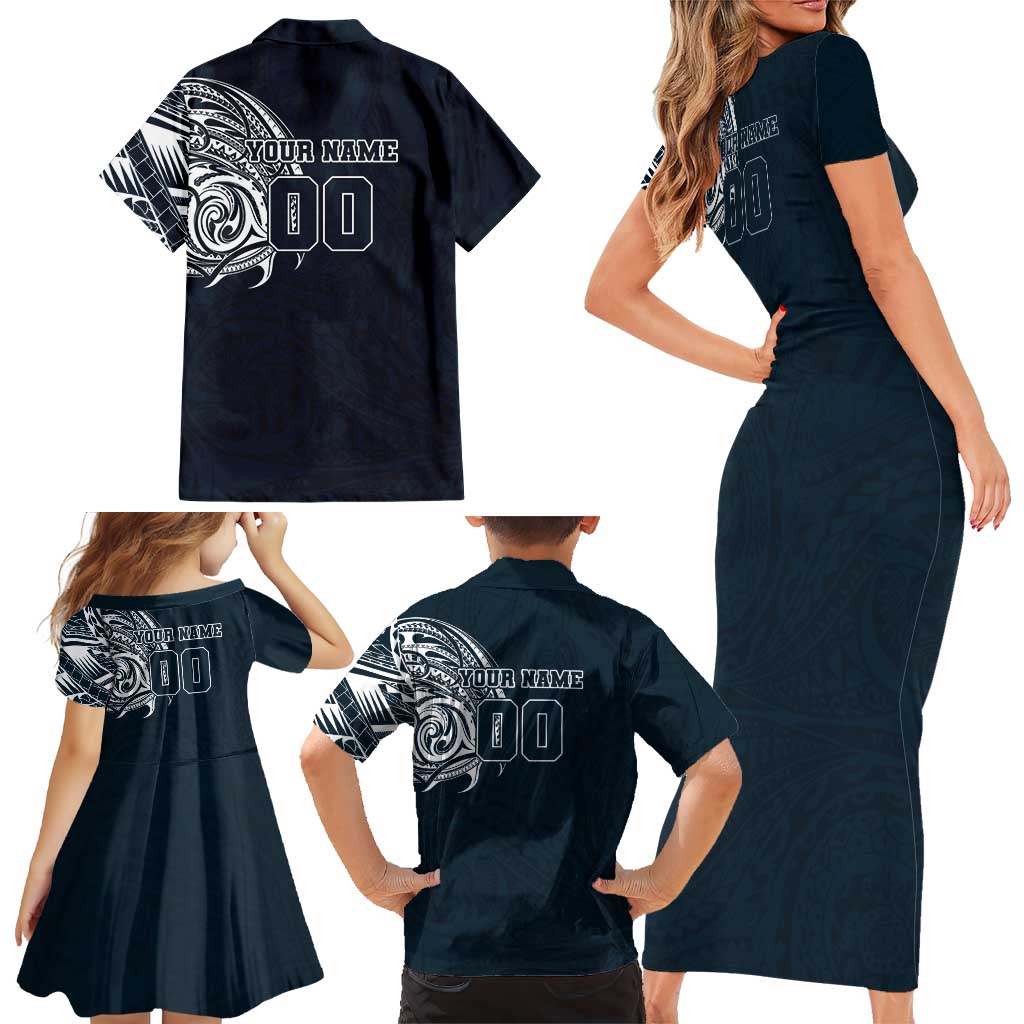 Personalized Carlton Blues Polynesian Family Matching Short Sleeve Bodycon Dress and Hawaiian Shirt Tribal Chest and Sleeve Tattoo Heritage Warrior