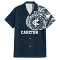 Personalized Carlton Blues Polynesian Family Matching Short Sleeve Bodycon Dress and Hawaiian Shirt Tribal Chest and Sleeve Tattoo Heritage Warrior