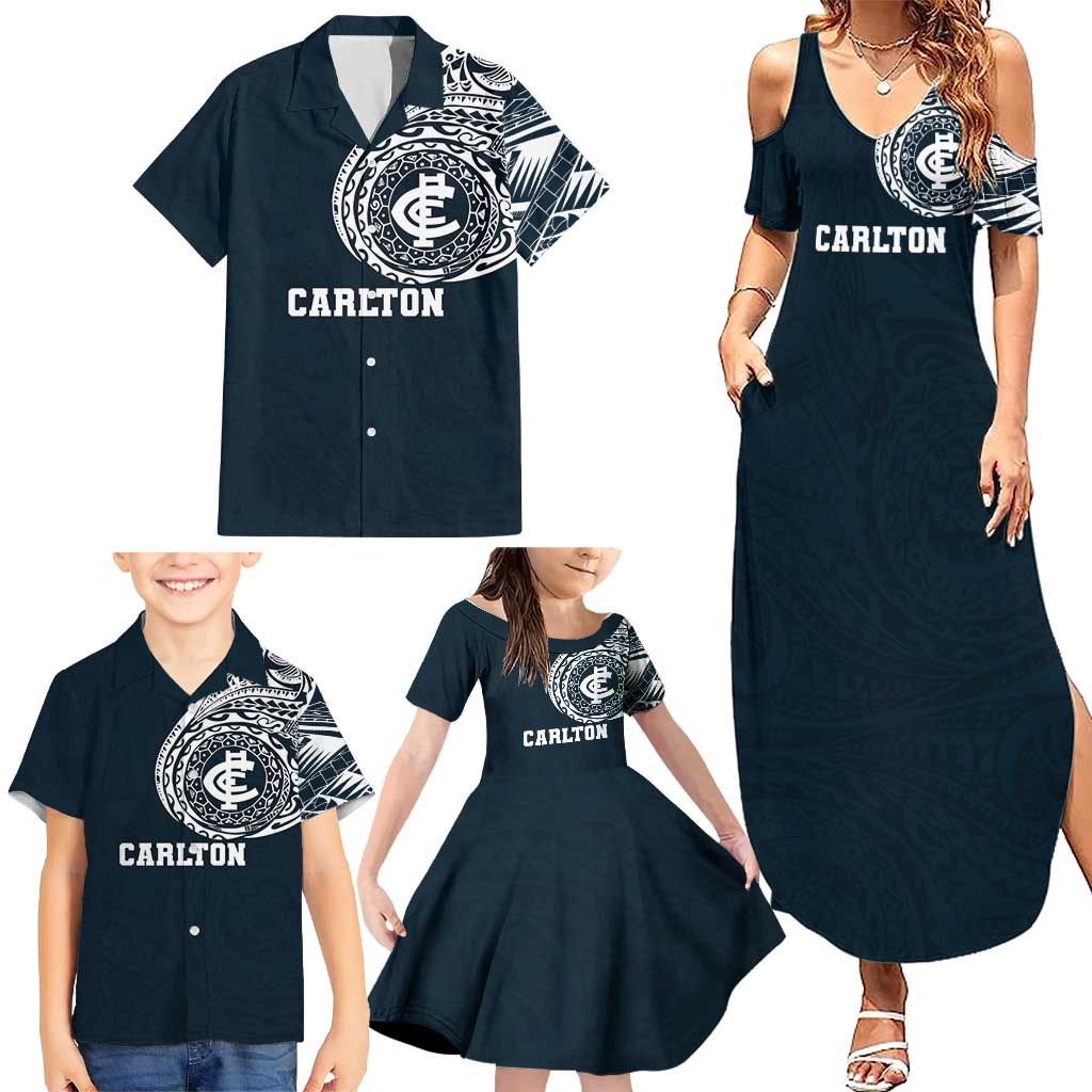 Personalized Carlton Blues Polynesian Family Matching Summer Maxi Dress and Hawaiian Shirt Tribal Chest and Sleeve Tattoo Heritage Warrior
