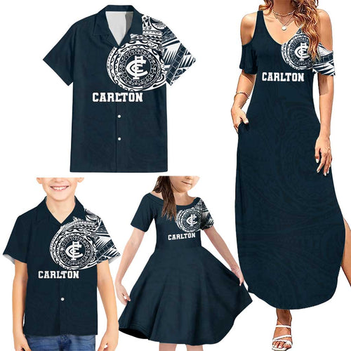 Personalized Carlton Blues Polynesian Family Matching Summer Maxi Dress and Hawaiian Shirt Tribal Chest and Sleeve Tattoo Heritage Warrior