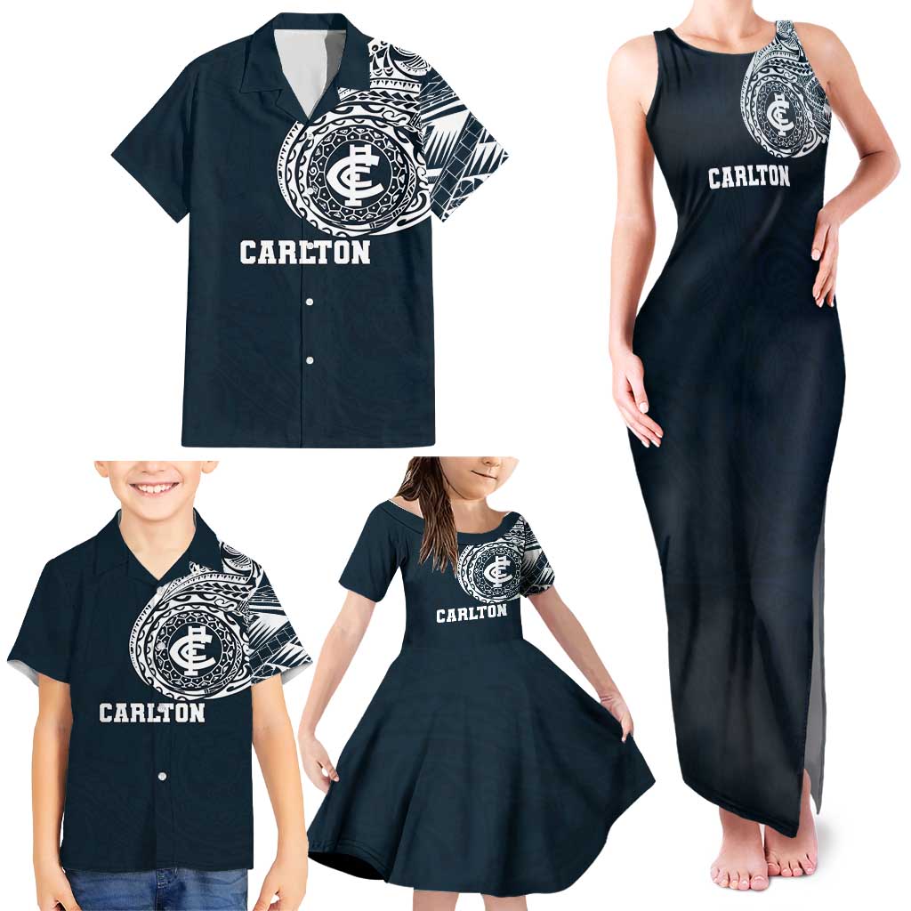 Personalized Carlton Blues Polynesian Family Matching Tank Maxi Dress and Hawaiian Shirt Tribal Chest and Sleeve Tattoo Heritage Warrior