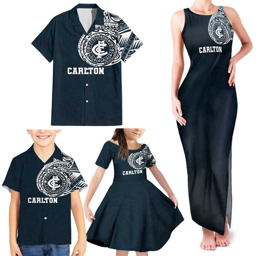 Personalized Carlton Blues Polynesian Family Matching Tank Maxi Dress and Hawaiian Shirt Tribal Chest and Sleeve Tattoo Heritage Warrior