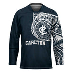 Personalized Carlton Blues Polynesian Hockey Jersey Tribal Chest and Sleeve Tattoo Heritage Warrior