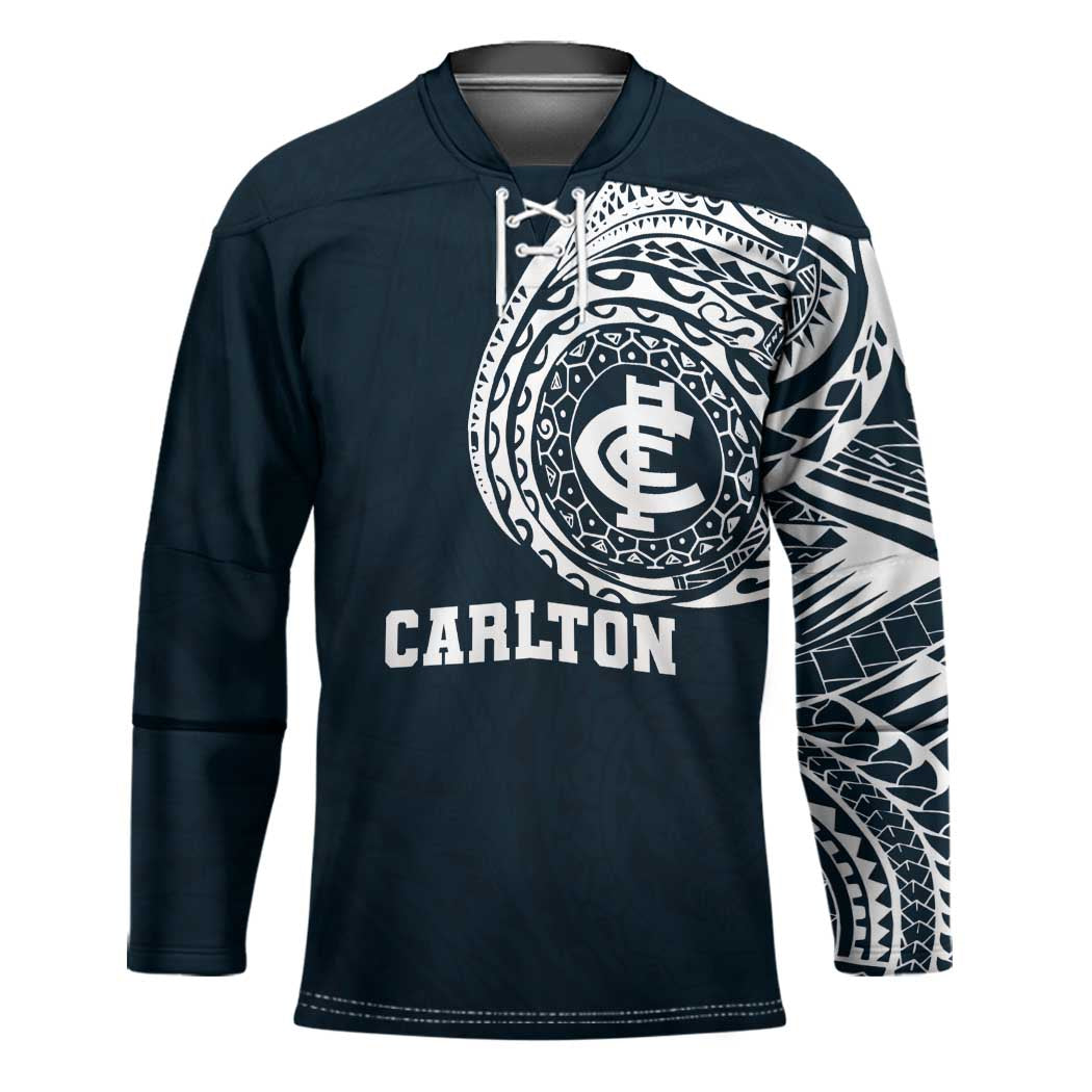 Personalized Carlton Blues Polynesian Hockey Jersey Tribal Chest and Sleeve Tattoo Heritage Warrior
