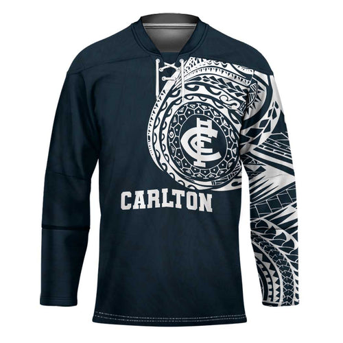 Personalized Carlton Blues Polynesian Hockey Jersey Tribal Chest and Sleeve Tattoo Heritage Warrior