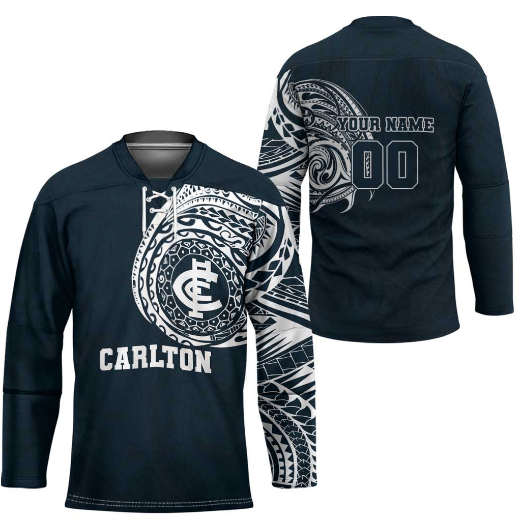 Personalized Carlton Blues Polynesian Hockey Jersey Tribal Chest and Sleeve Tattoo Heritage Warrior