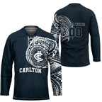 Personalized Carlton Blues Polynesian Hockey Jersey Tribal Chest and Sleeve Tattoo Heritage Warrior
