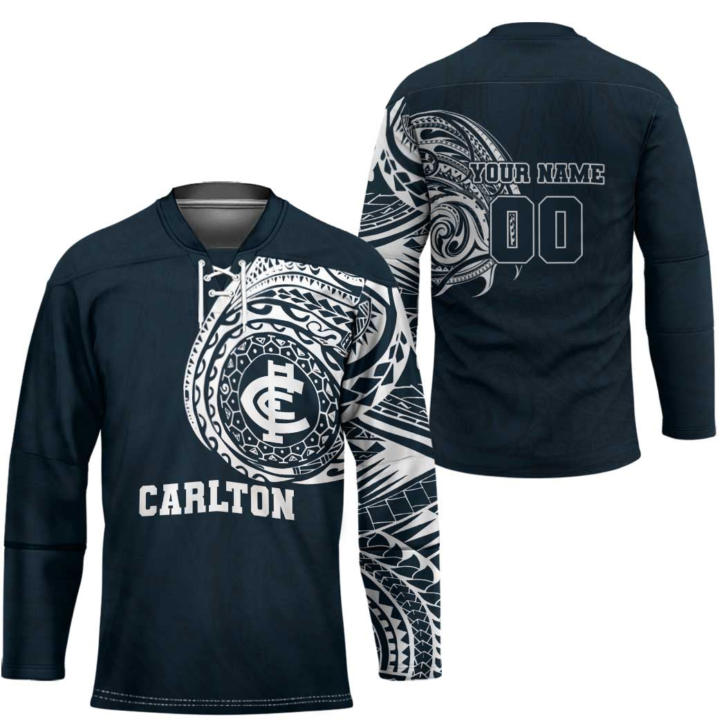 Personalized Carlton Blues Polynesian Hockey Jersey Tribal Chest and Sleeve Tattoo Heritage Warrior