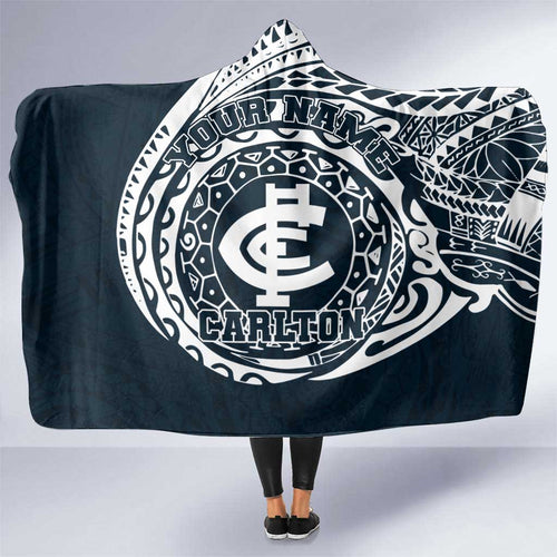 Personalized Carlton Blues Polynesian Hooded Blanket Tribal Chest and Sleeve Tattoo Heritage Warrior