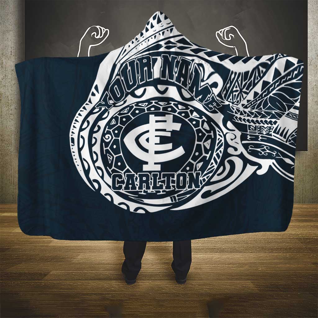Personalized Carlton Blues Polynesian Hooded Blanket Tribal Chest and Sleeve Tattoo Heritage Warrior