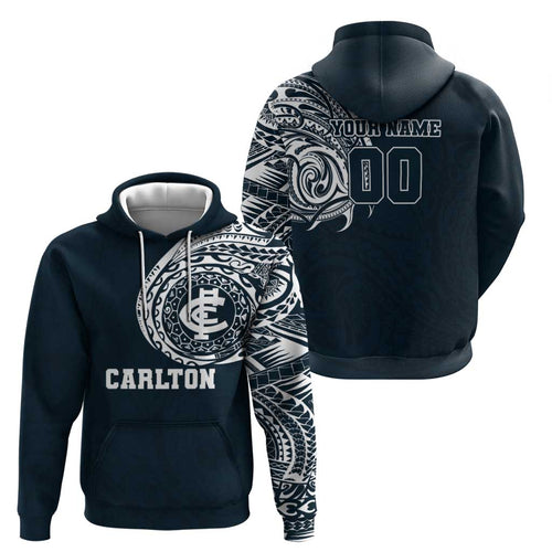 Personalized Carlton Blues Polynesian Hoodie Tribal Chest and Sleeve Tattoo Heritage Warrior
