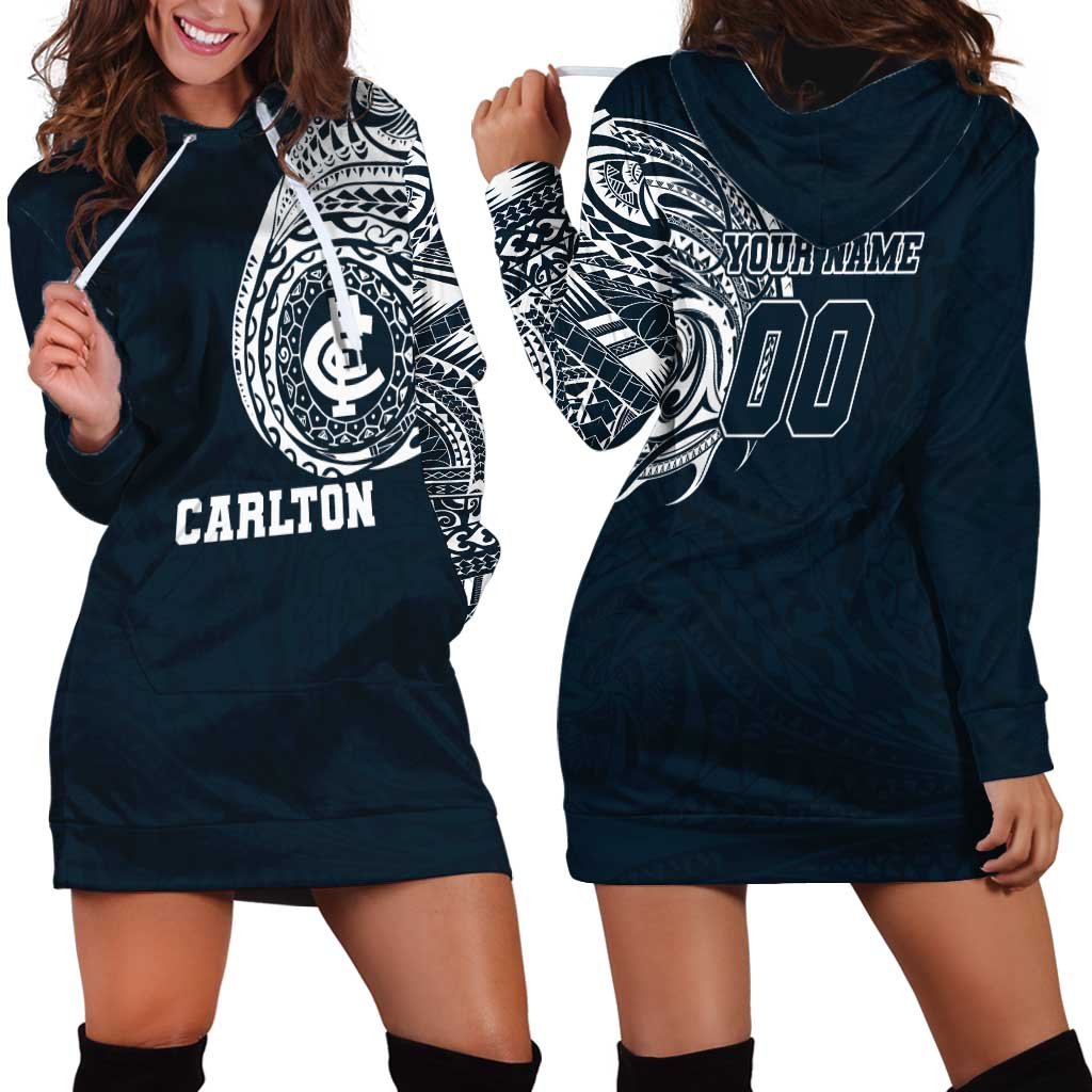 Personalized Carlton Blues Polynesian Hoodie Dress Tribal Chest and Sleeve Tattoo Heritage Warrior