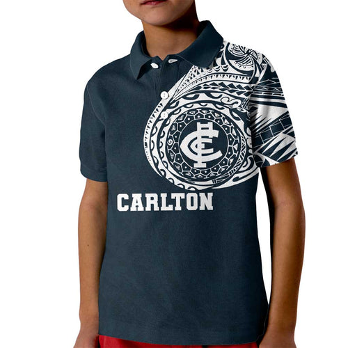 Personalized Carlton Blues Polynesian Kid Polo Shirt Tribal Chest and Sleeve Tattoo Heritage Warrior