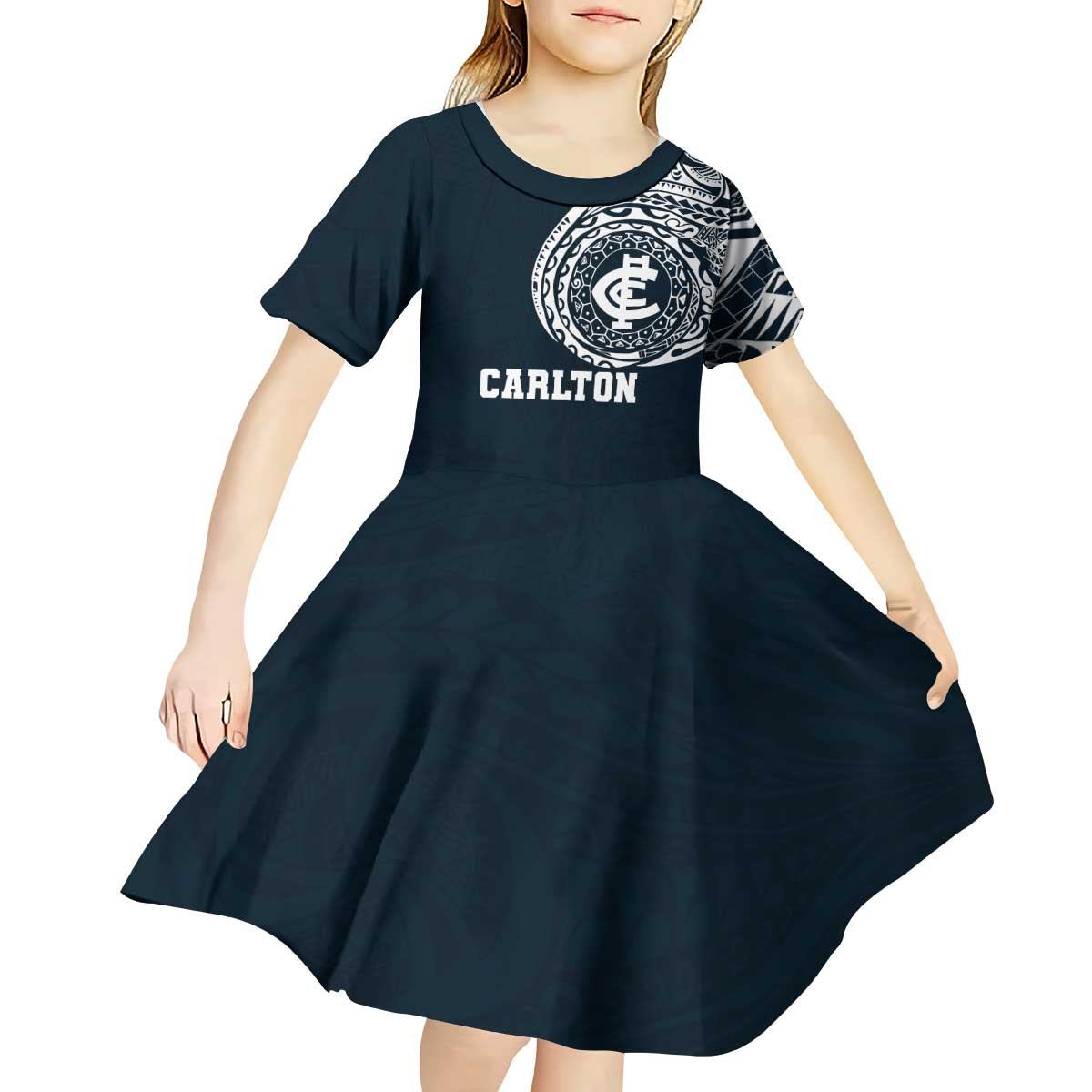 Personalized Carlton Blues Polynesian Kid Short Sleeve Dress Tribal Chest and Sleeve Tattoo Heritage Warrior