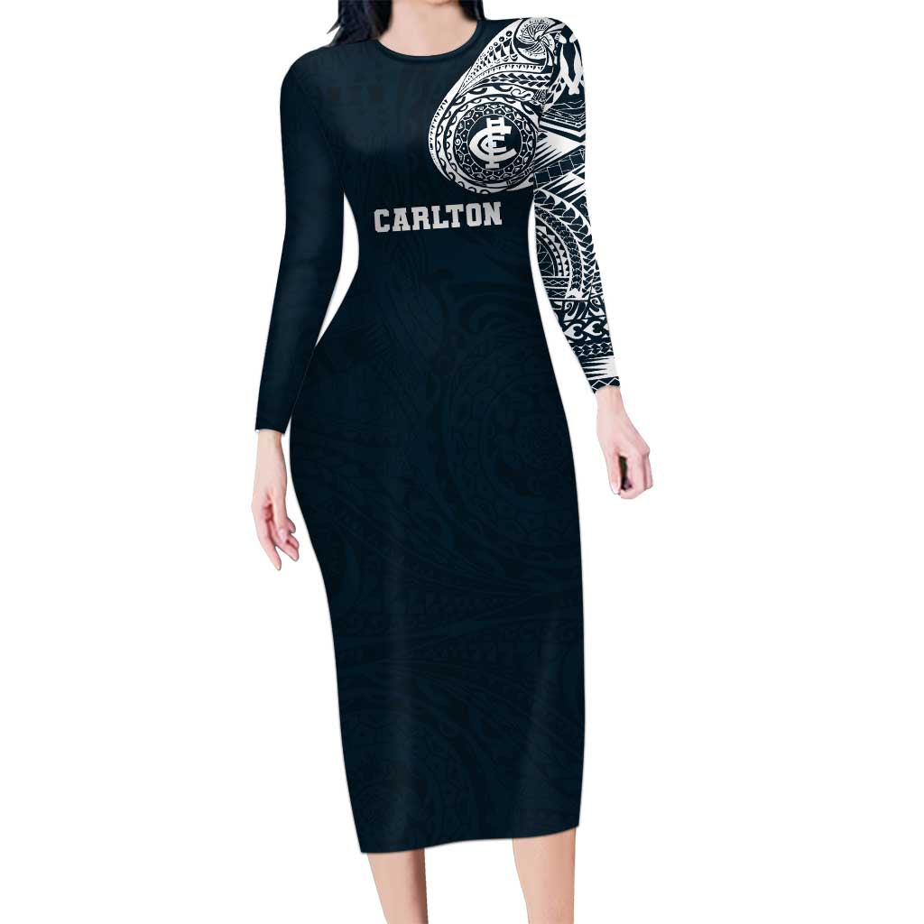 Personalized Carlton Blues Polynesian Long Sleeve Bodycon Dress Tribal Chest and Sleeve Tattoo Heritage Warrior