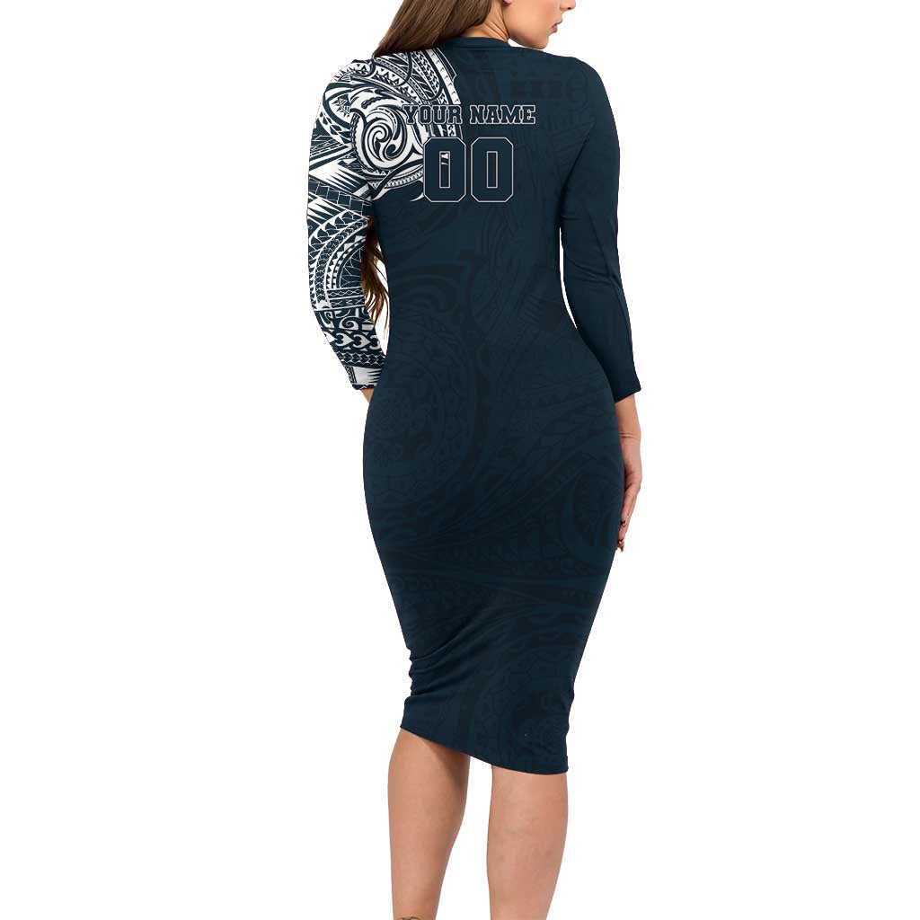 Personalized Carlton Blues Polynesian Long Sleeve Bodycon Dress Tribal Chest and Sleeve Tattoo Heritage Warrior