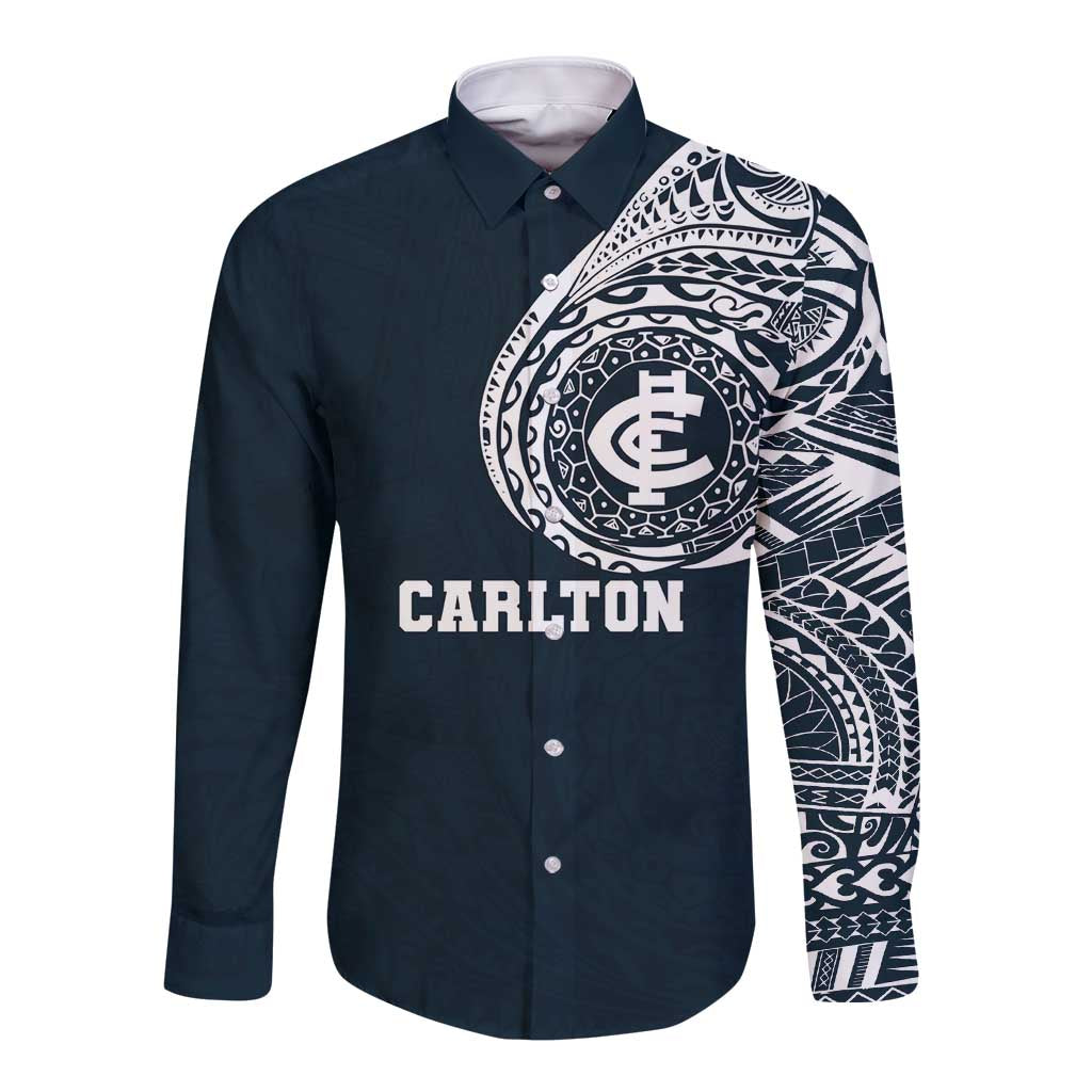 Personalized Carlton Blues Polynesian Long Sleeve Button Shirt Tribal Chest and Sleeve Tattoo Heritage Warrior