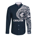 Personalized Carlton Blues Polynesian Long Sleeve Button Shirt Tribal Chest and Sleeve Tattoo Heritage Warrior