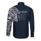 Personalized Carlton Blues Polynesian Long Sleeve Button Shirt Tribal Chest and Sleeve Tattoo Heritage Warrior