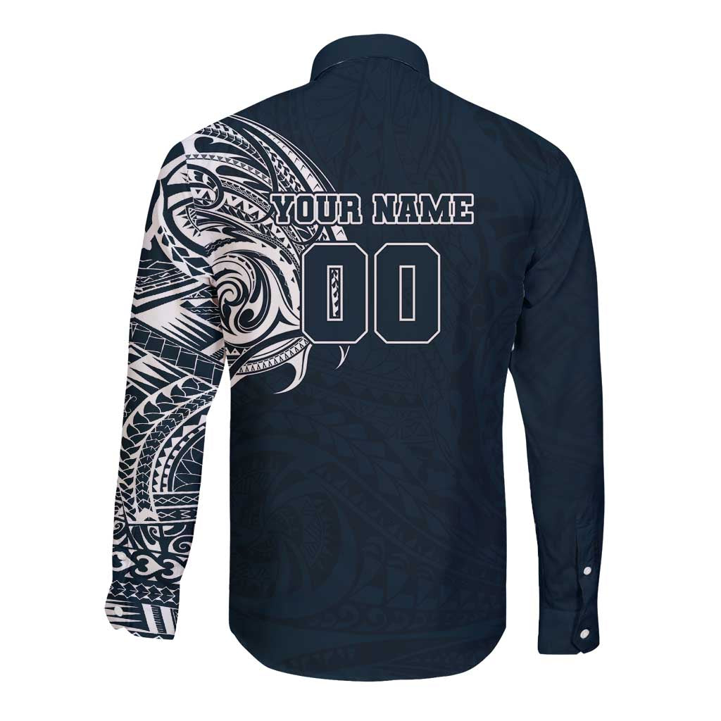 Personalized Carlton Blues Polynesian Long Sleeve Button Shirt Tribal Chest and Sleeve Tattoo Heritage Warrior