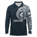Personalized Carlton Blues Polynesian Long Sleeve Polo Shirt Tribal Chest and Sleeve Tattoo Heritage Warrior