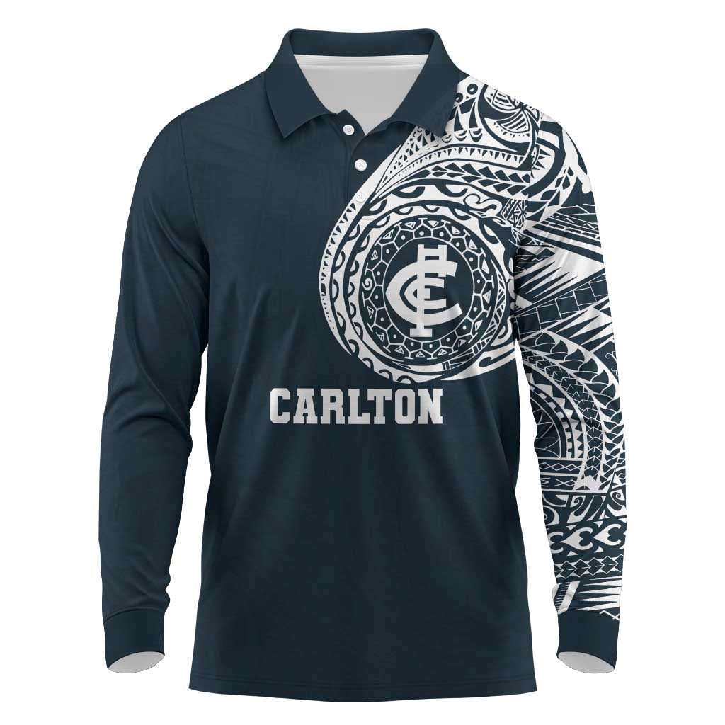 Personalized Carlton Blues Polynesian Long Sleeve Polo Shirt Tribal Chest and Sleeve Tattoo Heritage Warrior