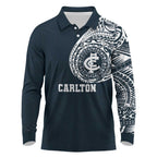Personalized Carlton Blues Polynesian Long Sleeve Polo Shirt Tribal Chest and Sleeve Tattoo Heritage Warrior