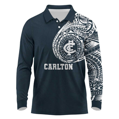 Personalized Carlton Blues Polynesian Long Sleeve Polo Shirt Tribal Chest and Sleeve Tattoo Heritage Warrior