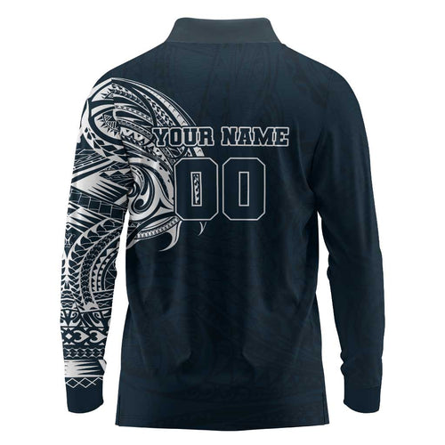 Personalized Carlton Blues Polynesian Long Sleeve Polo Shirt Tribal Chest and Sleeve Tattoo Heritage Warrior
